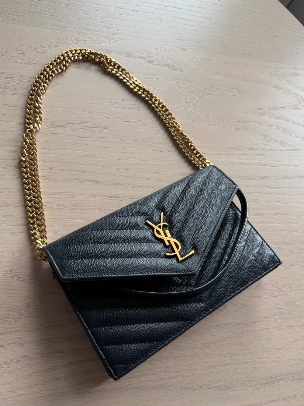 Saint Laurent Black Quilted Leather Crossbody with Gold Chain and YSL Logo